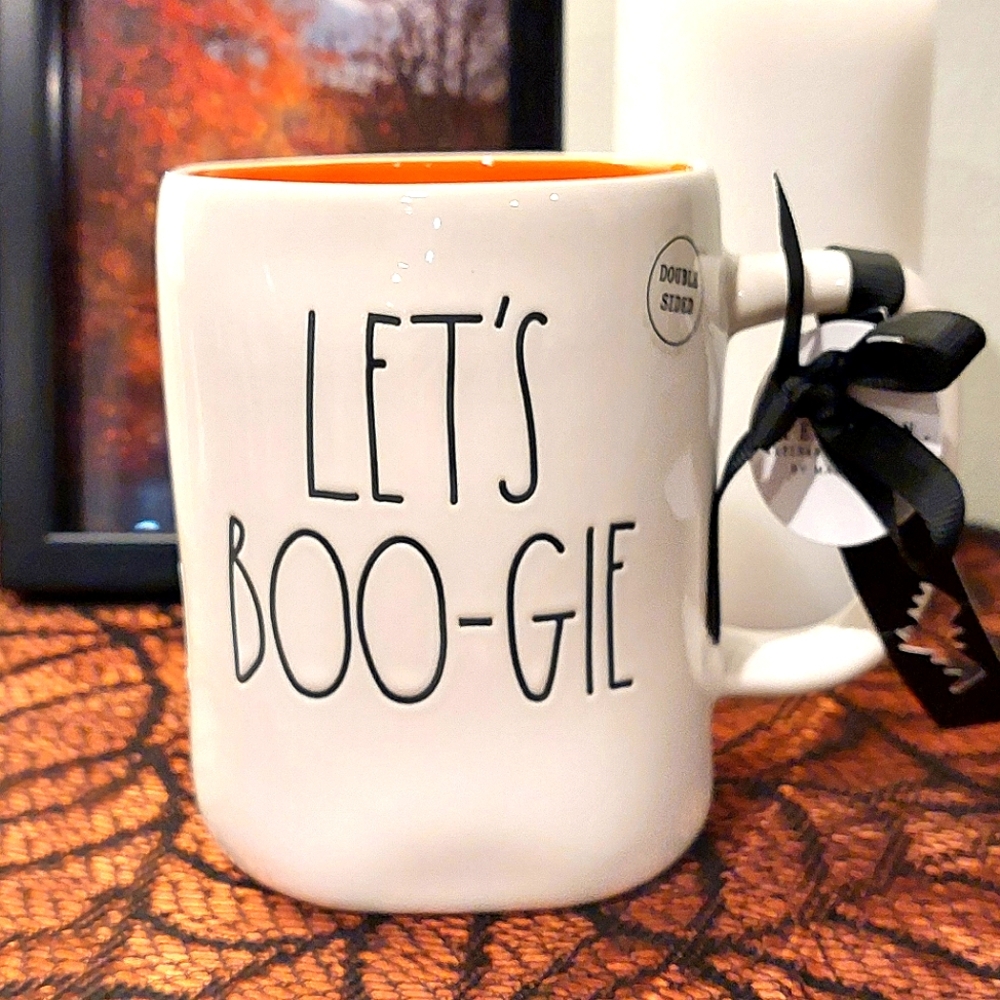 Rae Dunn "LET'S BOO-GIE" Double Sided Dancing Skeleton Glossy Finish Mug NWT - Picture 2 of 8